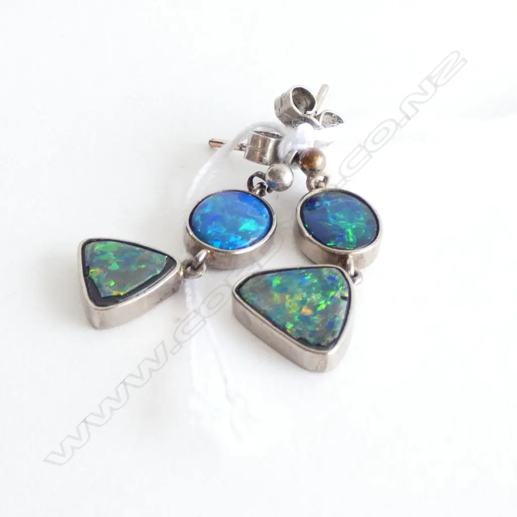 18CT WHITE GOLD AND BLACK OPAL EARRINGS, ONE DETACHED FROM BACK Image 1++