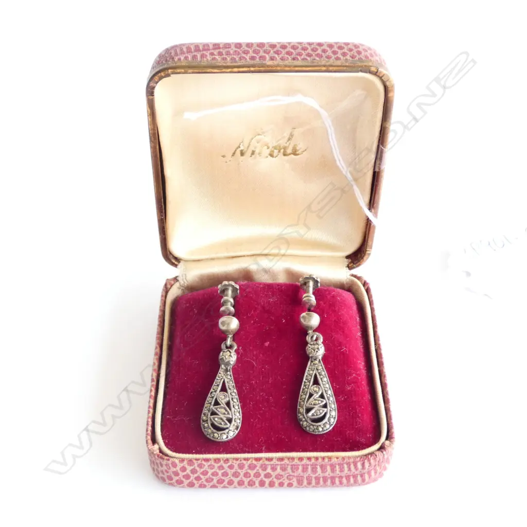 PAIR SILVER MARCASITE EARRINGS - BOXED Image 1++