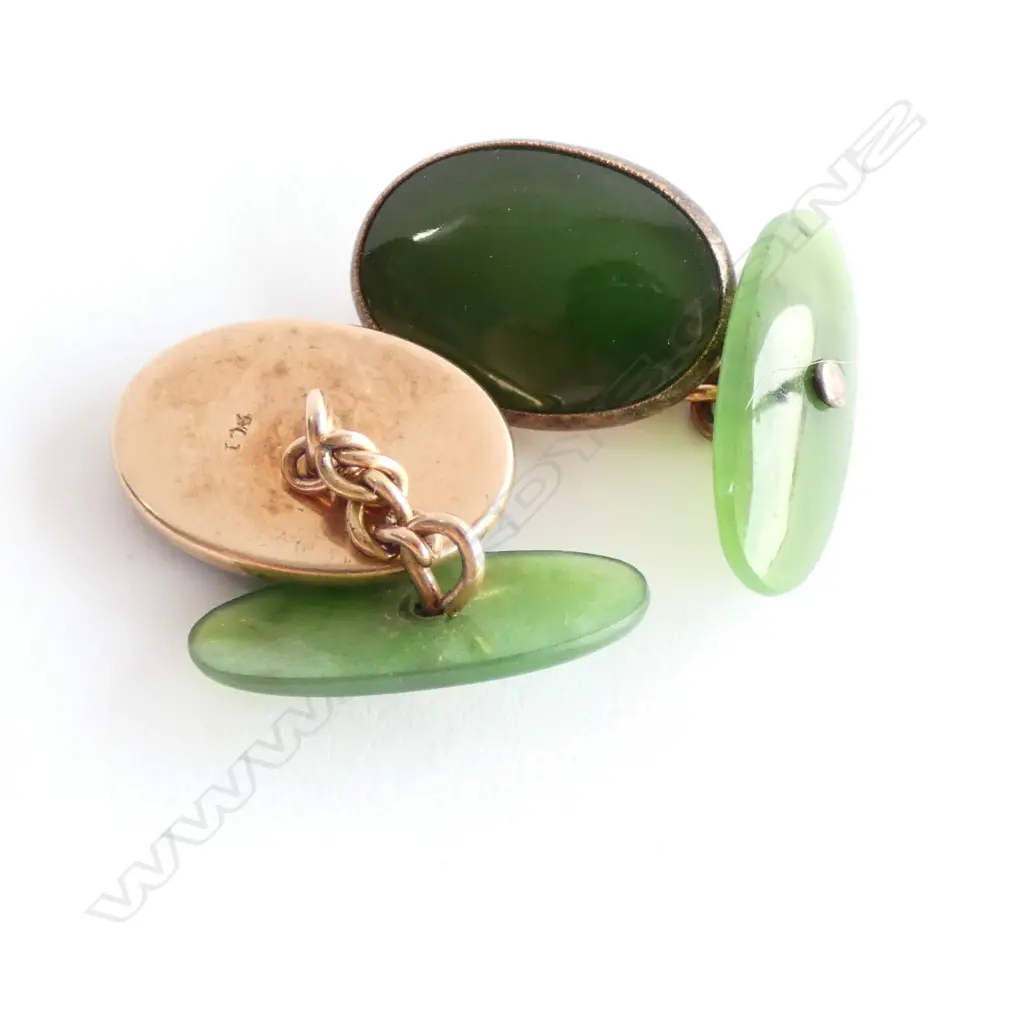 PAIR 9CT ROSE GOLD AND POUNAMU CUFFLINKS Image 1++