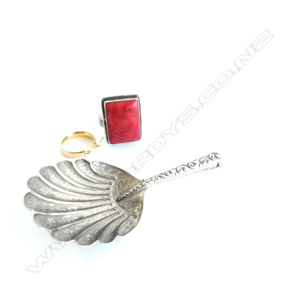 925 RED CORAL? RING, STG SILVER MOP SPOON, 10K GOLD EARRING 0.5GRAMS Image 1++