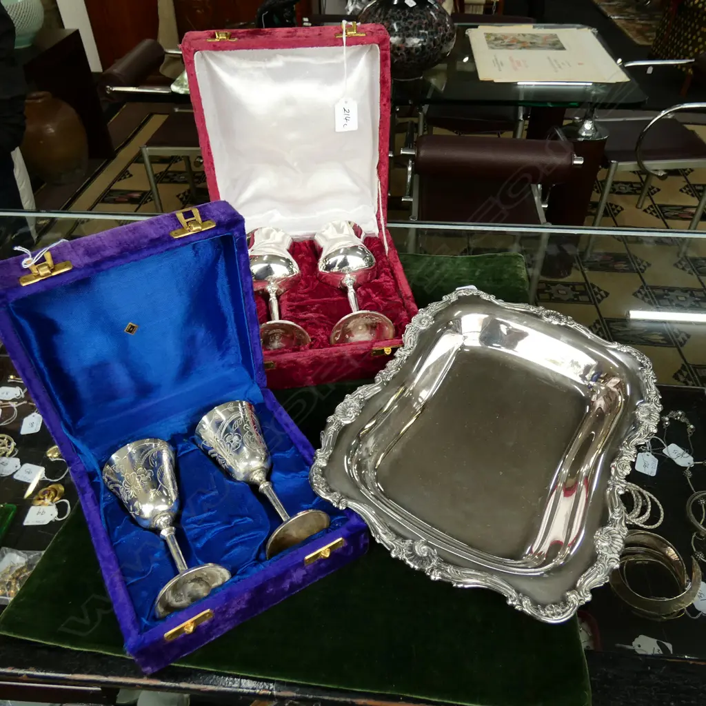 SILVER PLATE DISH AND TWO PAIRS OF BOXED SILVER PLATE GOBLETS Image 1++