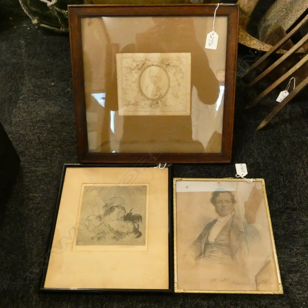 2 PRINTS; WILLIAM GRIFFITH, LADY IN FRAME + CHICKENS ENGRAVING Image 1++