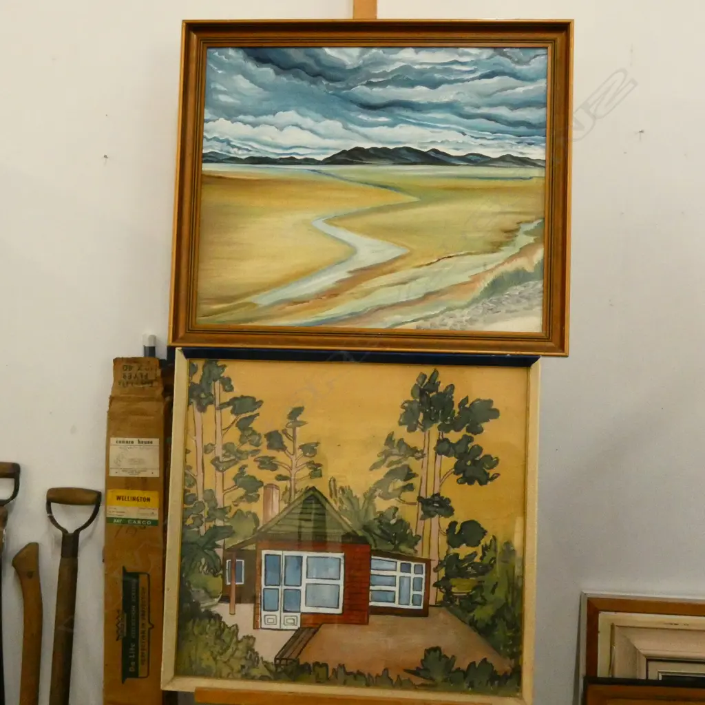 2 PAINTINGS BY ELSPETH HITCHINGS COLIN MCCAHON HOUSE 580 X 535MM IMAGE + MUDFLATS NEAR WHANGAPOA OIL Image 1++