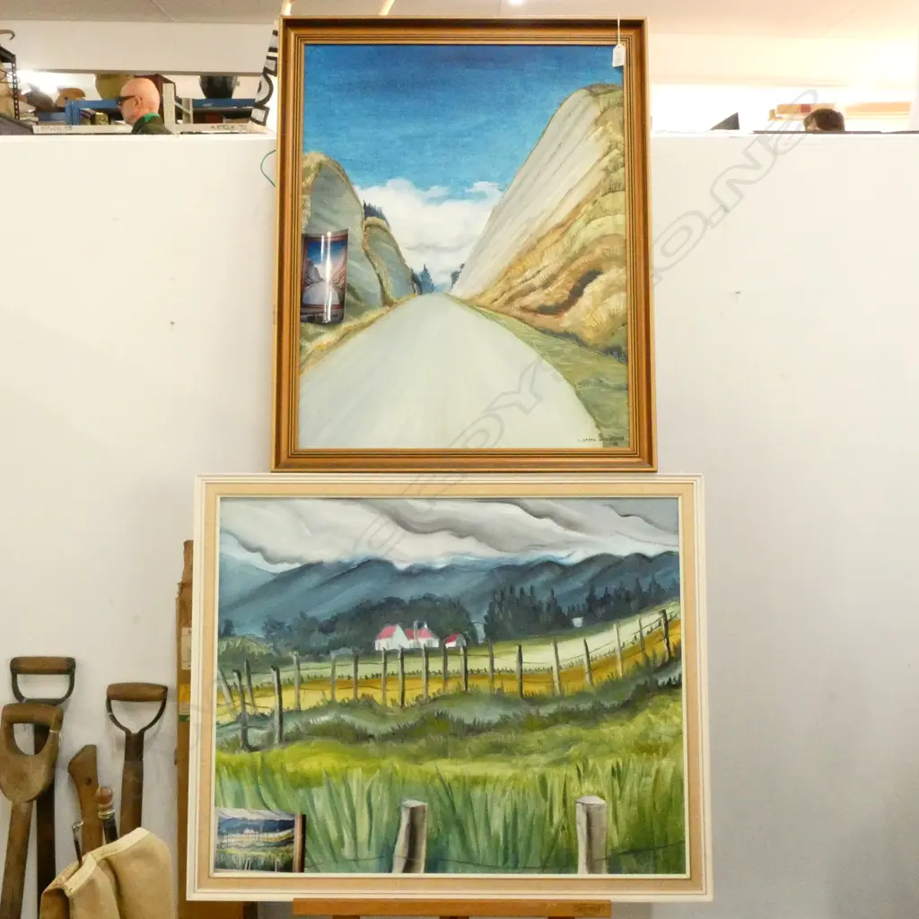 2 OILS BY ELSPETH HITCHINGS 'SMALL HOUSE NEAR RUAHINE RANGE' & 'THE CUTTING' 700 X 540MM IMAGE Image 1++
