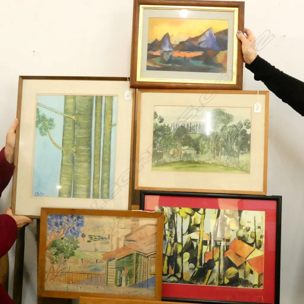 5 ASST ARTWORKS; ROSS FRASER, PRINT, 2 W/C & 'YOUNG KAURI' PASTEL, JACQUELINE ? 385 X 310MM IMAGE Image 1++