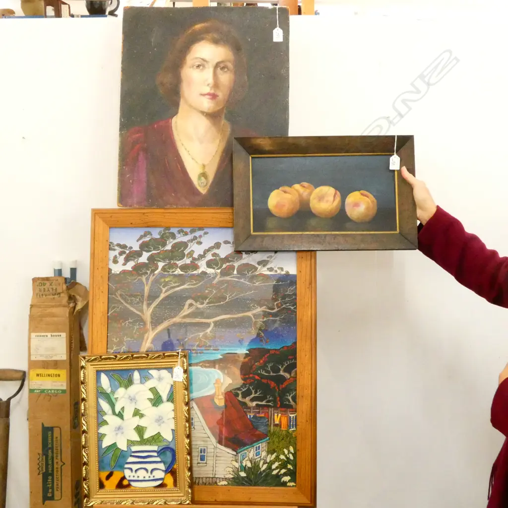 4 ASST. ARTWORKS; FRAMED TILE, STILL LIFE, GLORY WARREN SELF PORTRAIT, FIONA WHYTE SEASIDE BATCH PRINT 640 X 475MM IMAGE Image 1++