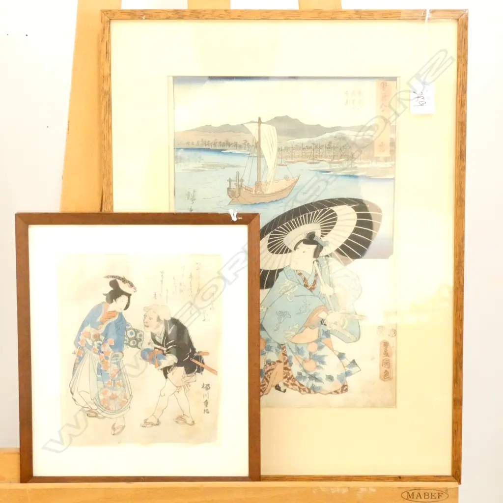 2 JAPANESE PRINTS; LANDSCAPE BY HIROSHIGE I GUME KUNISADA TAKUMI + YANAGAWA SHIGENOBU Image 1++