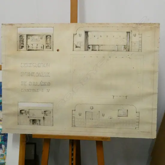 DECORATION D'UNE SALLE DE BILLARDS PENCIL ON BOARD ARCHITECTS DRAWING 990 X 710MM