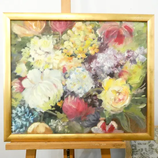 ARTIST UNKNOWN FLORAL STILL LIFE OIL ON BOARD GILT FRAME 600 X 490MM