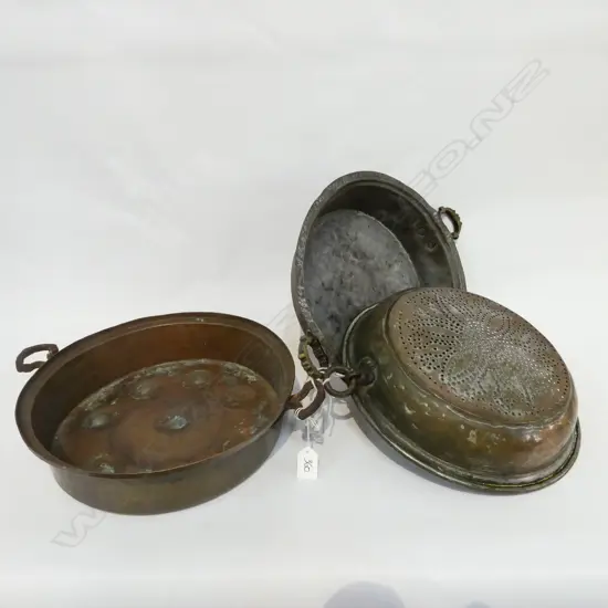 2 COPPER DISHES + ONE LIDDED 350MM DIA
