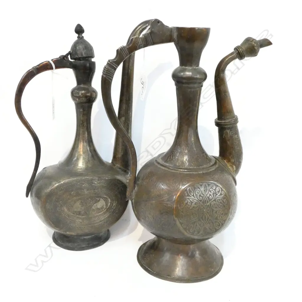 2 MIDDLE EASTERN EWERS BRASS AND COPPER ENGRAVED Image 1++