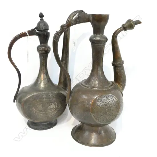2 MIDDLE EASTERN EWERS BRASS AND COPPER ENGRAVED
