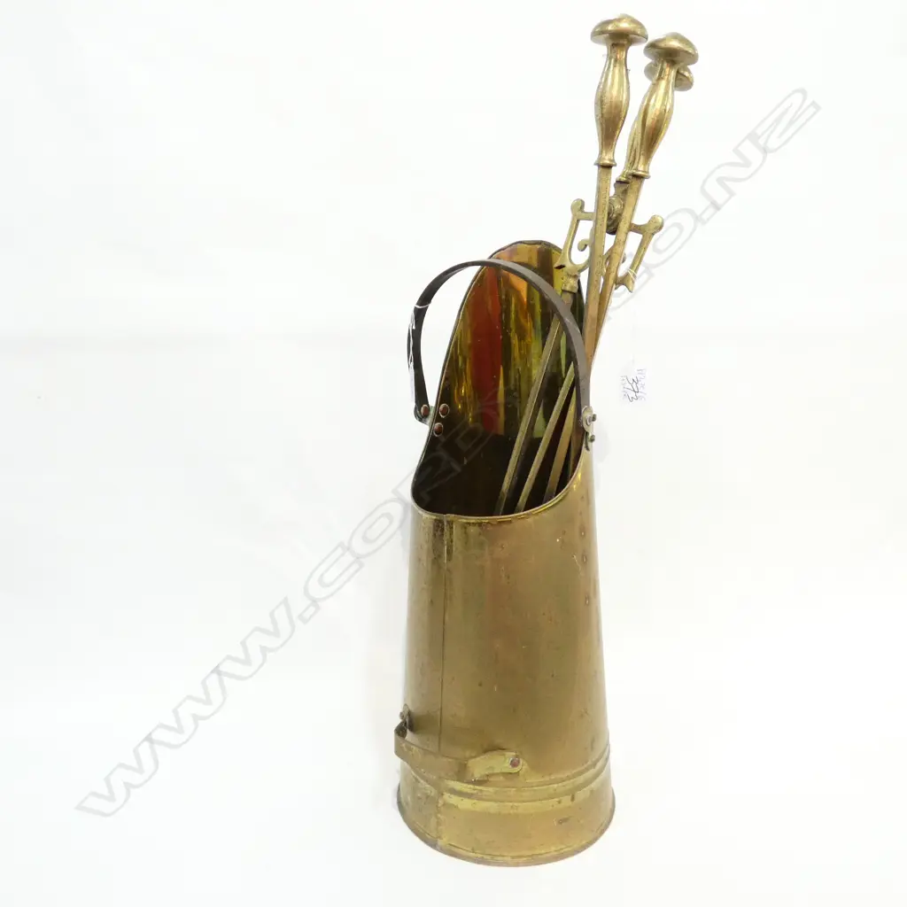 BRASS COAL SKUTTLE, 3 FIRE TOOLS,etc Image 1++