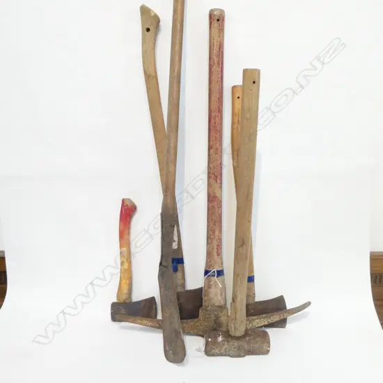 6 VINTAGE TOOLS; 3 AXES, PICK, SLEDGE & LARGE BLADE