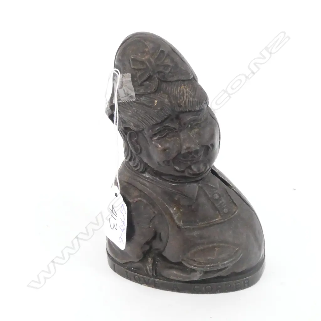 OLD CAST IRON FIGURAL MONEY BANK 'I LOVE A COPPER'..  Image 1++