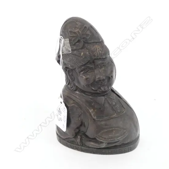 OLD CAST IRON FIGURAL MONEY BANK 'I LOVE A COPPER'.. 
