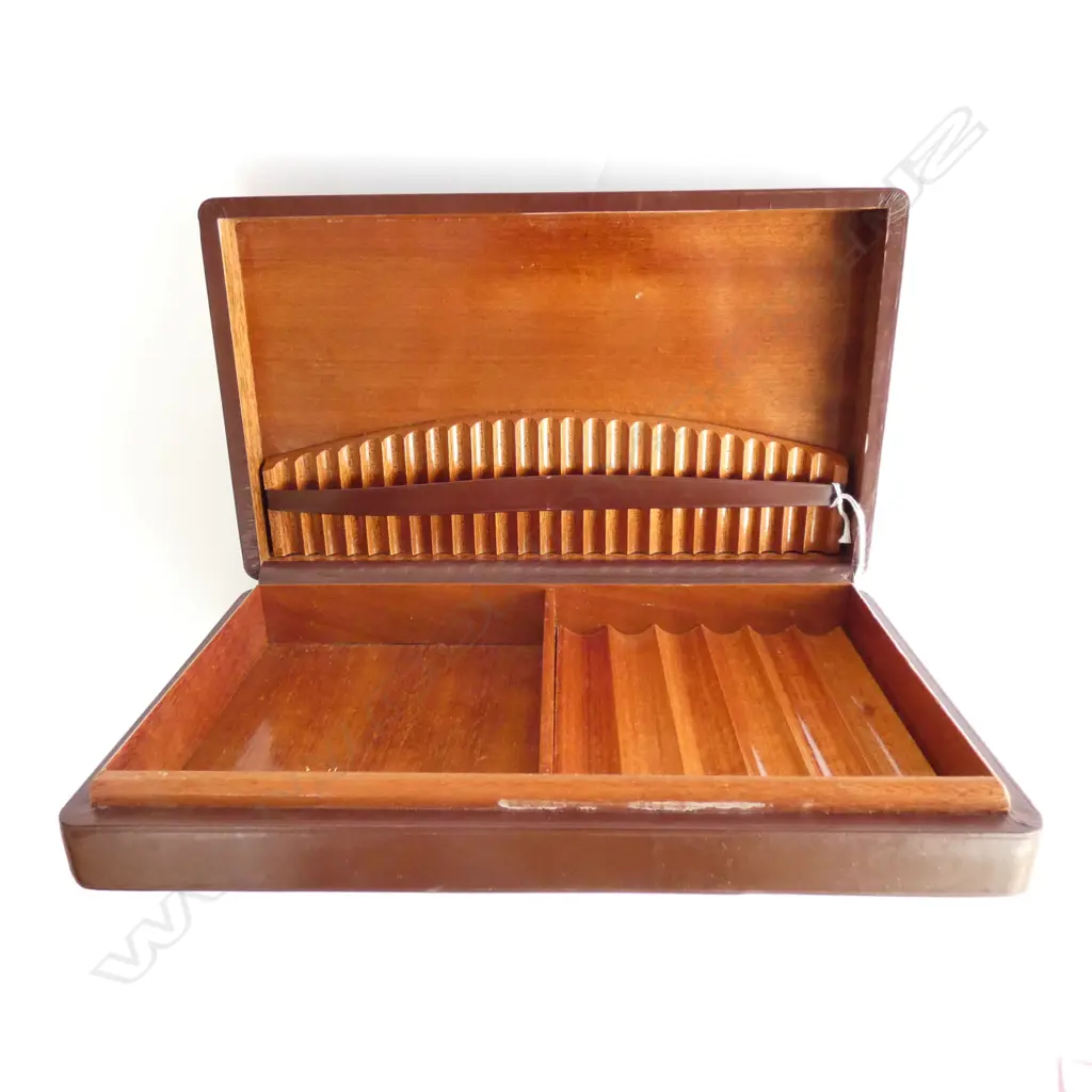 VINTAGE WOOD & LEATHER CIGAR BOX L. 260MM Image 1++