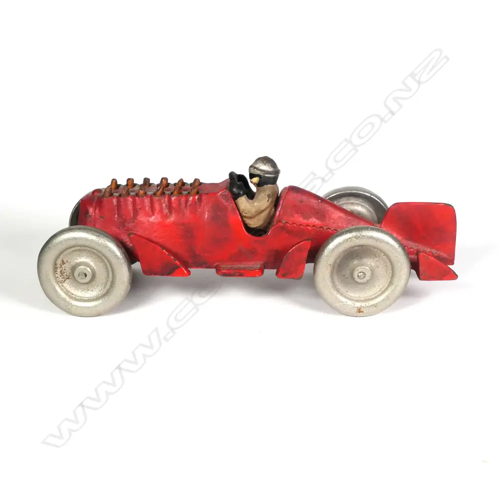 CAST IRON FIN TAIL RACER w ARTICULATED 12 CYLINDER ERUPTING  FLAMES, MARKED HUBLEY (OLD/REPRO?) Image 1++