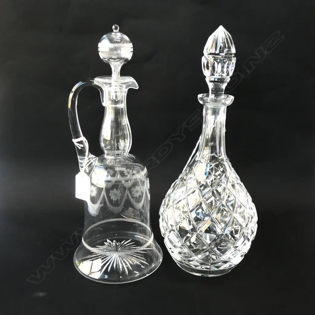 EDWARDIAN DECANTER + CUT CRYSTAL DECANTER SMALL RIM CHIPS H 320 MM Image 1++
