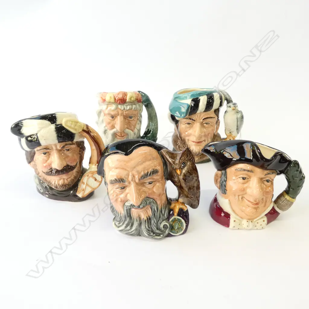 5 R/DOULTON CHARACTER JUGS; FALCONER, MINE HOST, MERLIN, NEPTUNE & TRAPPER H. 100MM Image 1++
