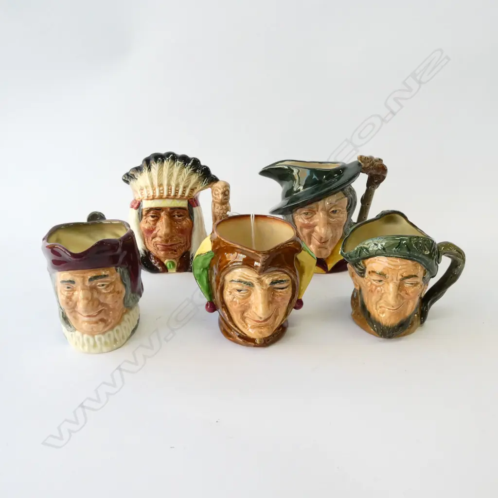 5 R/DOULTON CHARACTER JUGS; AULD MAC, PIED PIPER, SIMON CELLARER, NORTH AMERICAN INDIAN, JESTER Image 1++