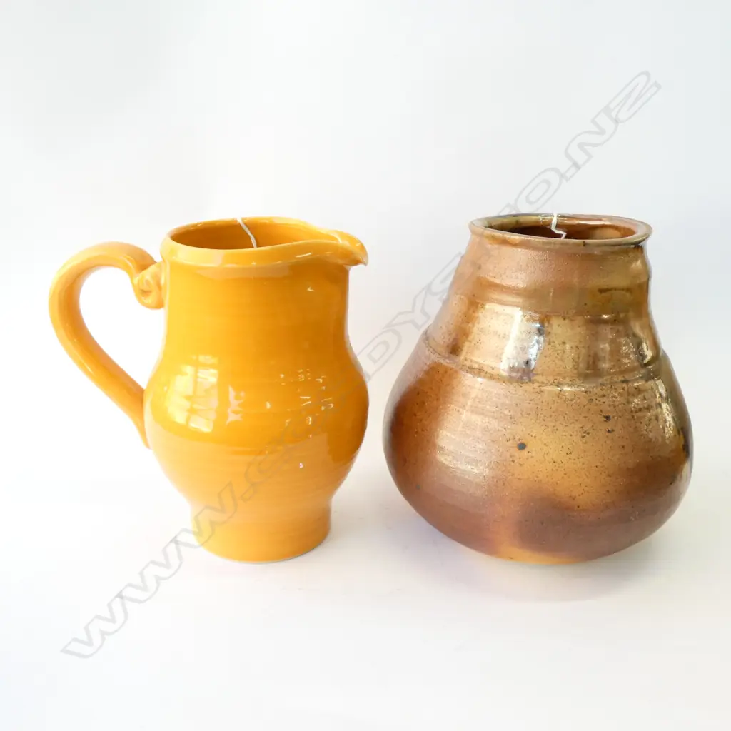 TONY SLY POTTERY JUG H. 200MM + WOOD FIRED GLAZED VASE Image 1++