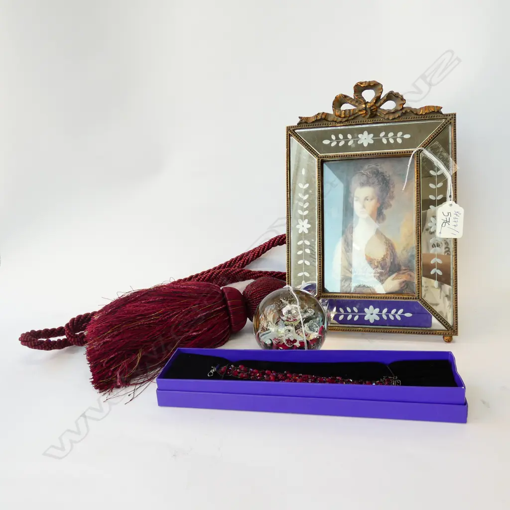 SCOTTISH SELKIRK GLASS PAPERWEIGHT, FAUX GARNET BRACELET & CURTAIN TIE-BACK  Image 1++