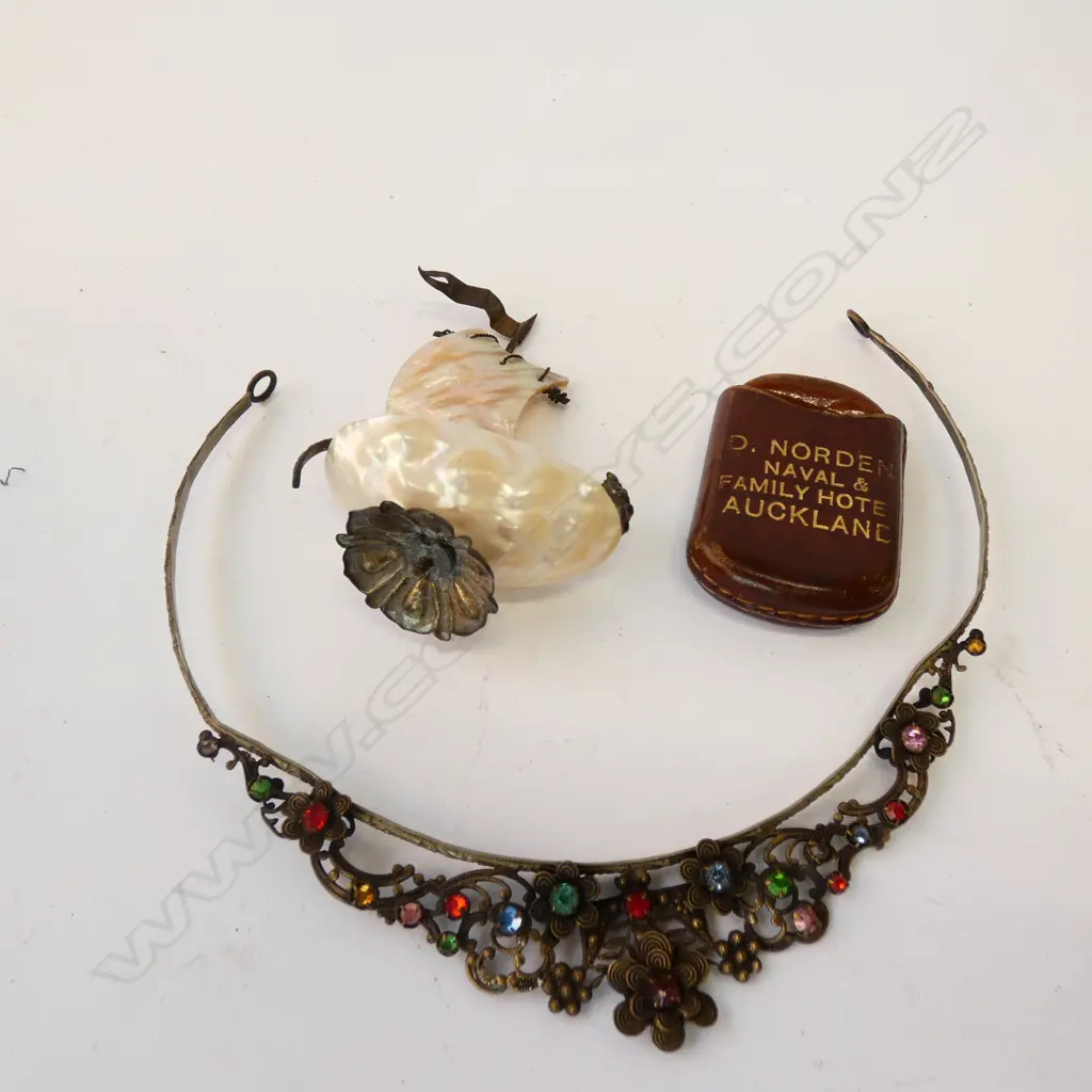 VINTAGE GILT & COSTUME TIARA + MOP MINI SHIP + .. Image 1++