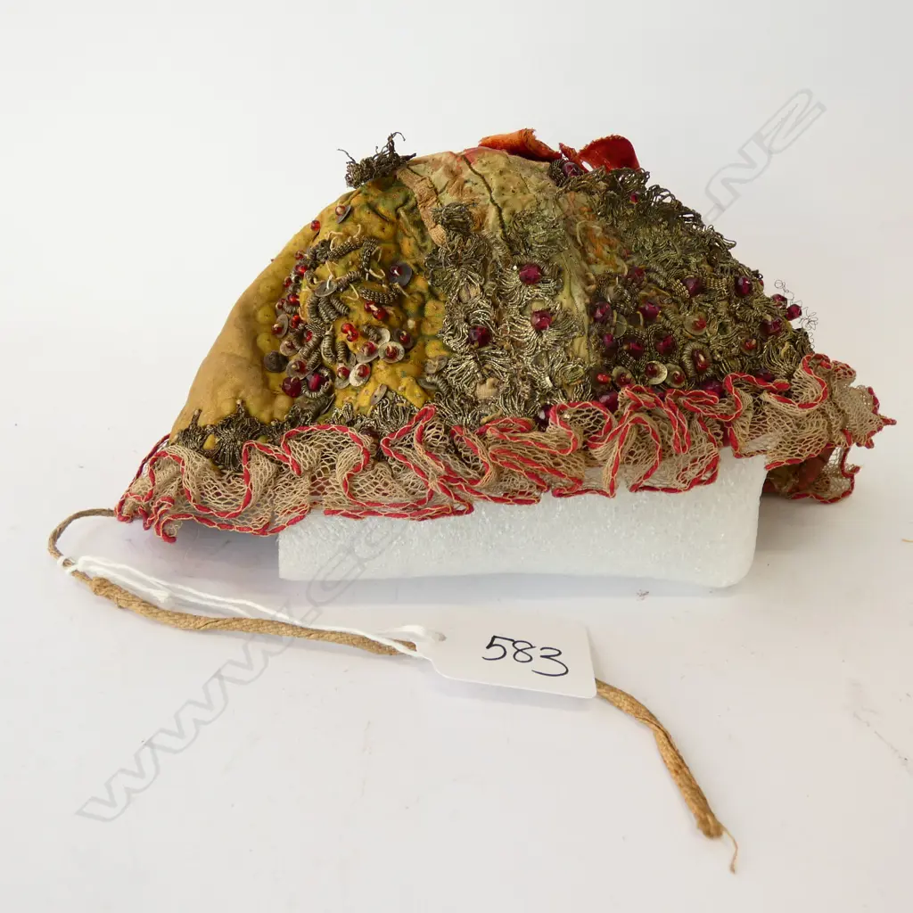 ANTIQUE BEADED SILK BABIES CAP W LACE TRIM Image 1++