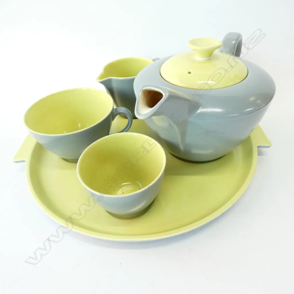 POOLE TWO TONE TEA FOR ONE SET ON TRAY Image 1++