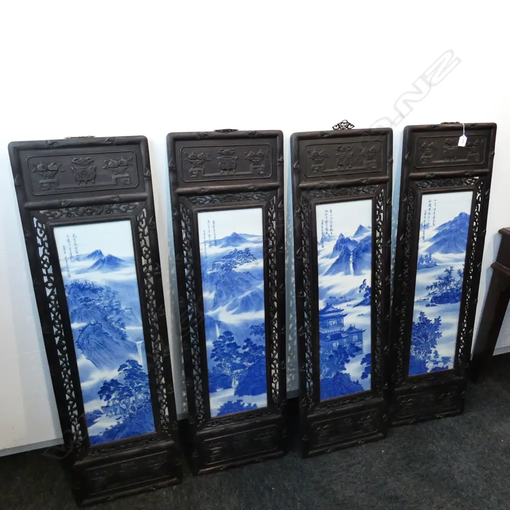 SET FOUR CHINESE CARVED HARDWOOD FRAMED PORCELAIN PLAQUES, H.1200mm Image 1++