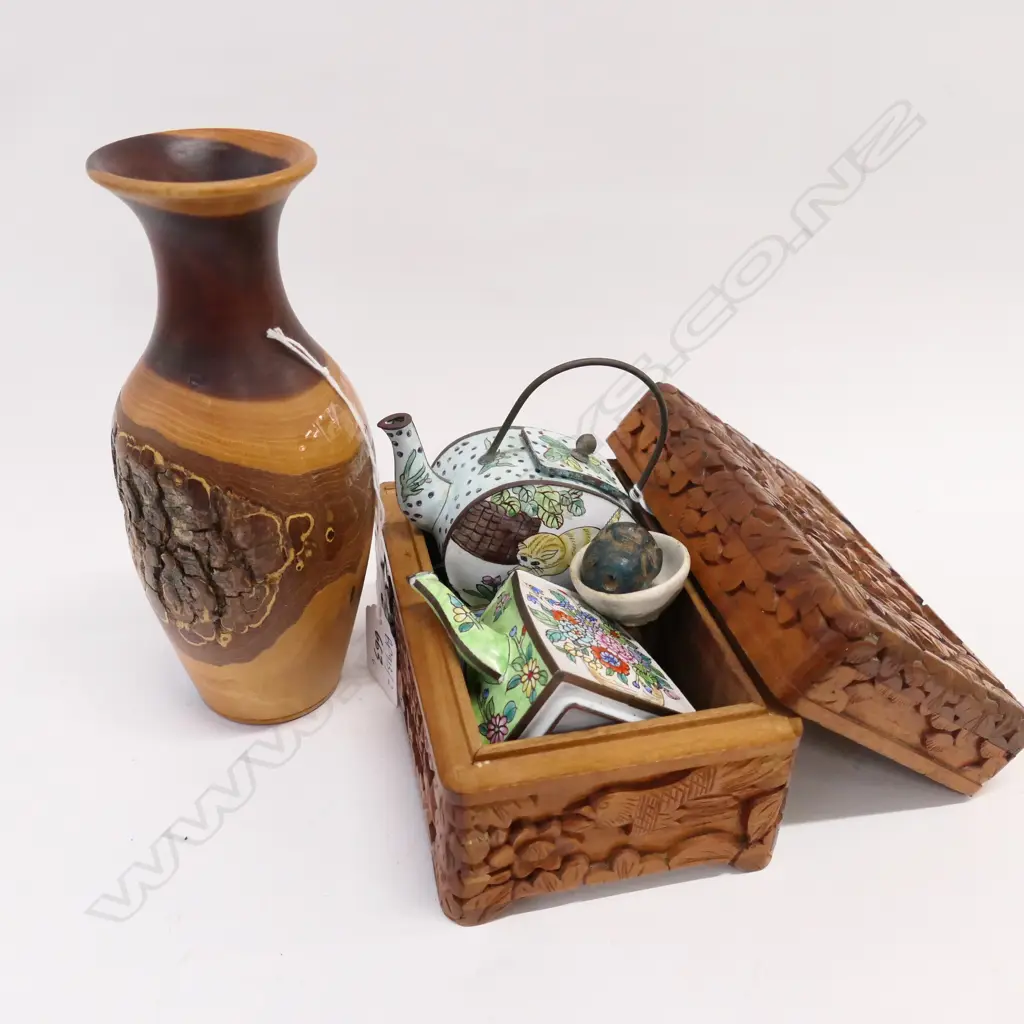 SMALL CAMPHOR BOX, 2 CLOISONNE TEAPOTS, WOODEN VASE, ETC Image 1++