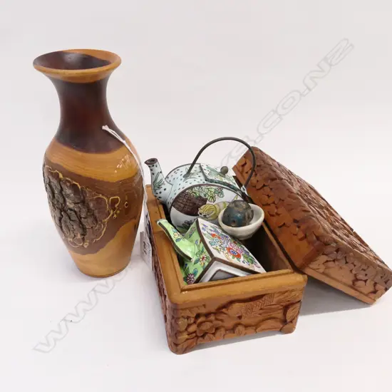 SMALL CAMPHOR BOX, 2 CLOISONNE TEAPOTS, WOODEN VASE, ETC