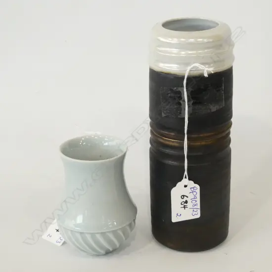 2 BEVERLY LUXTON CERAMIC VASES; CELADON & BRONZED H. 190MM