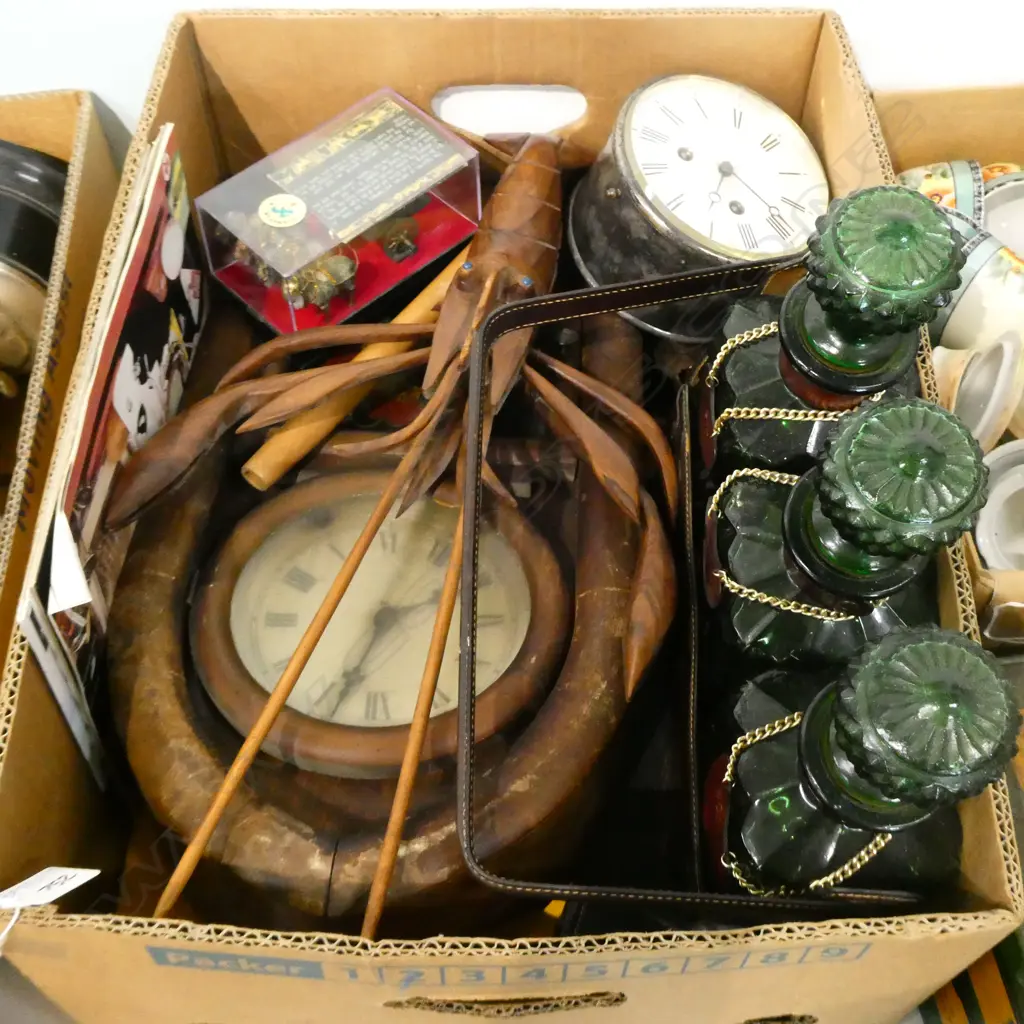 BOX LOT CLOCKS, DECANTERS, ETC  Image 1++