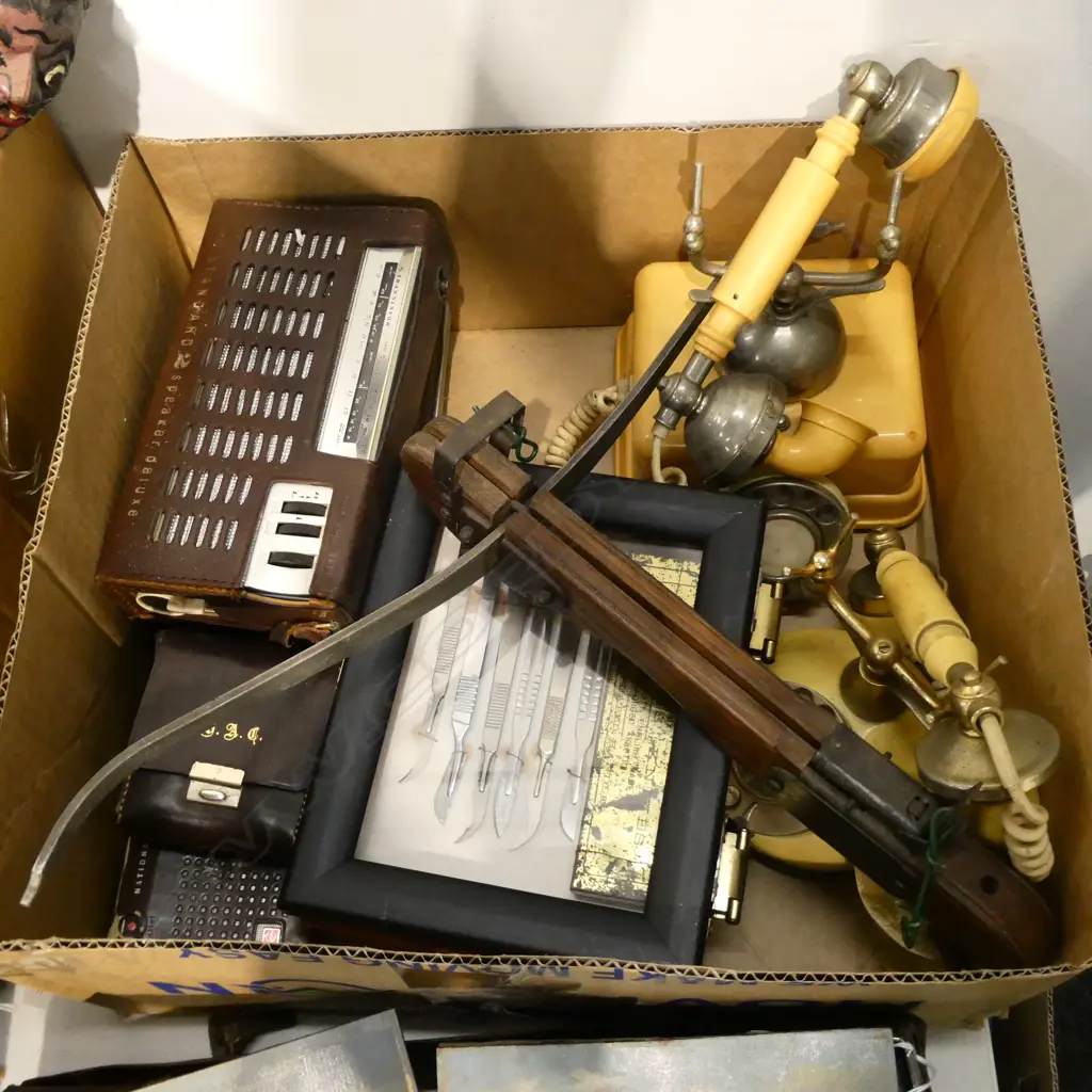 BOX LOT TELEPHONES, RADIOS, CROSS BOW ETC Image 1++