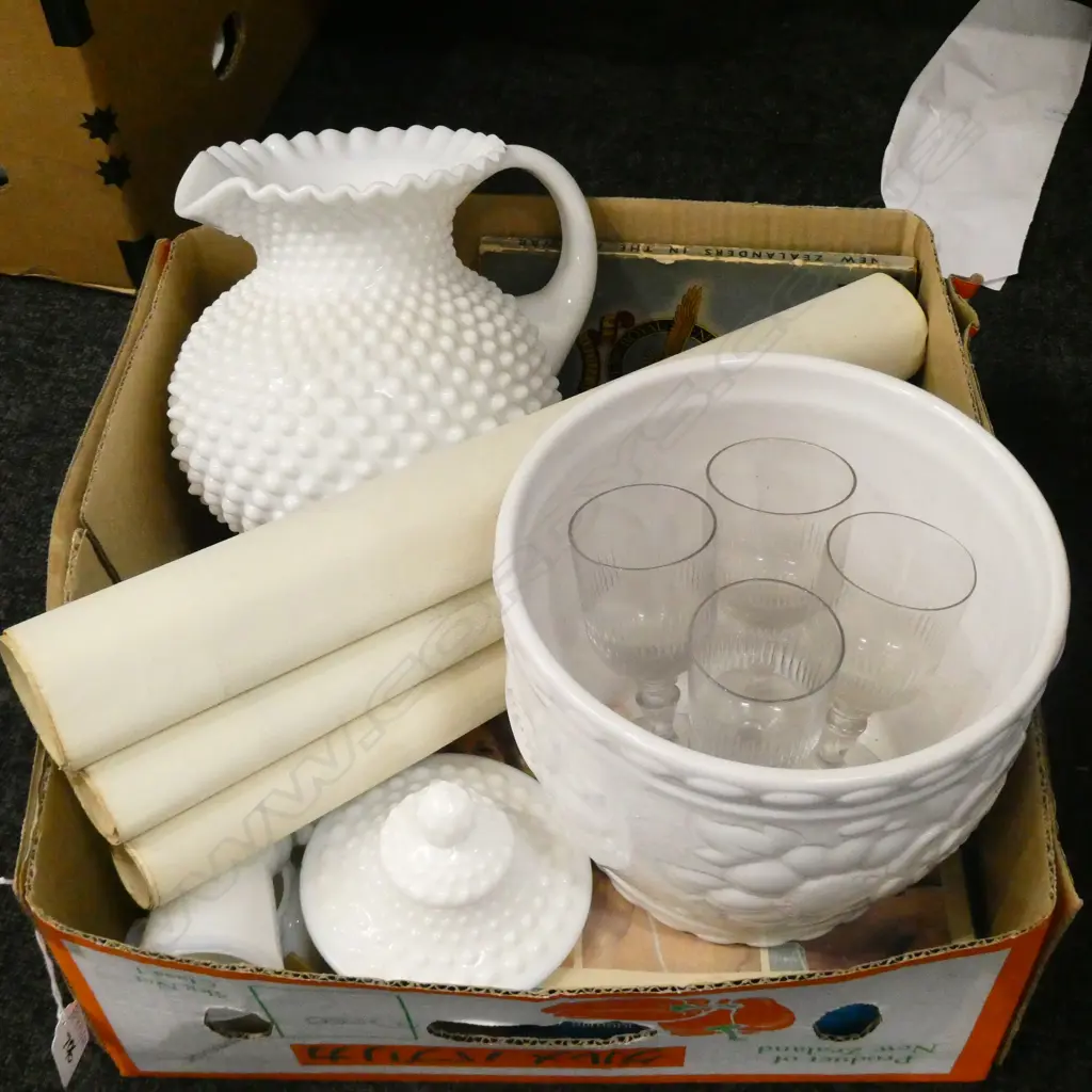 BOX LOT MILK GLASS, ETC Image 1++