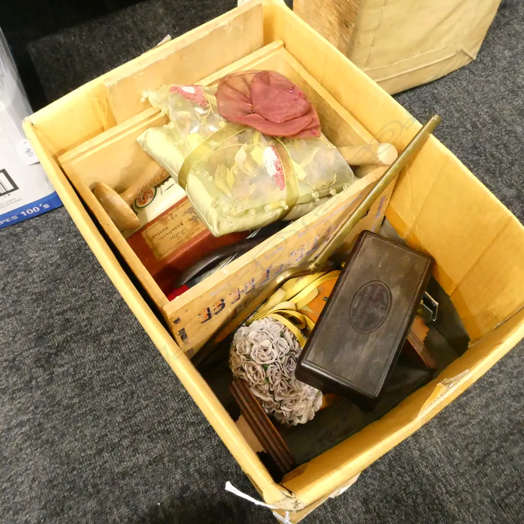BOX LOT SET OF BRASS WEIGHTS, SEWING ITEMS ETC Image 1++
