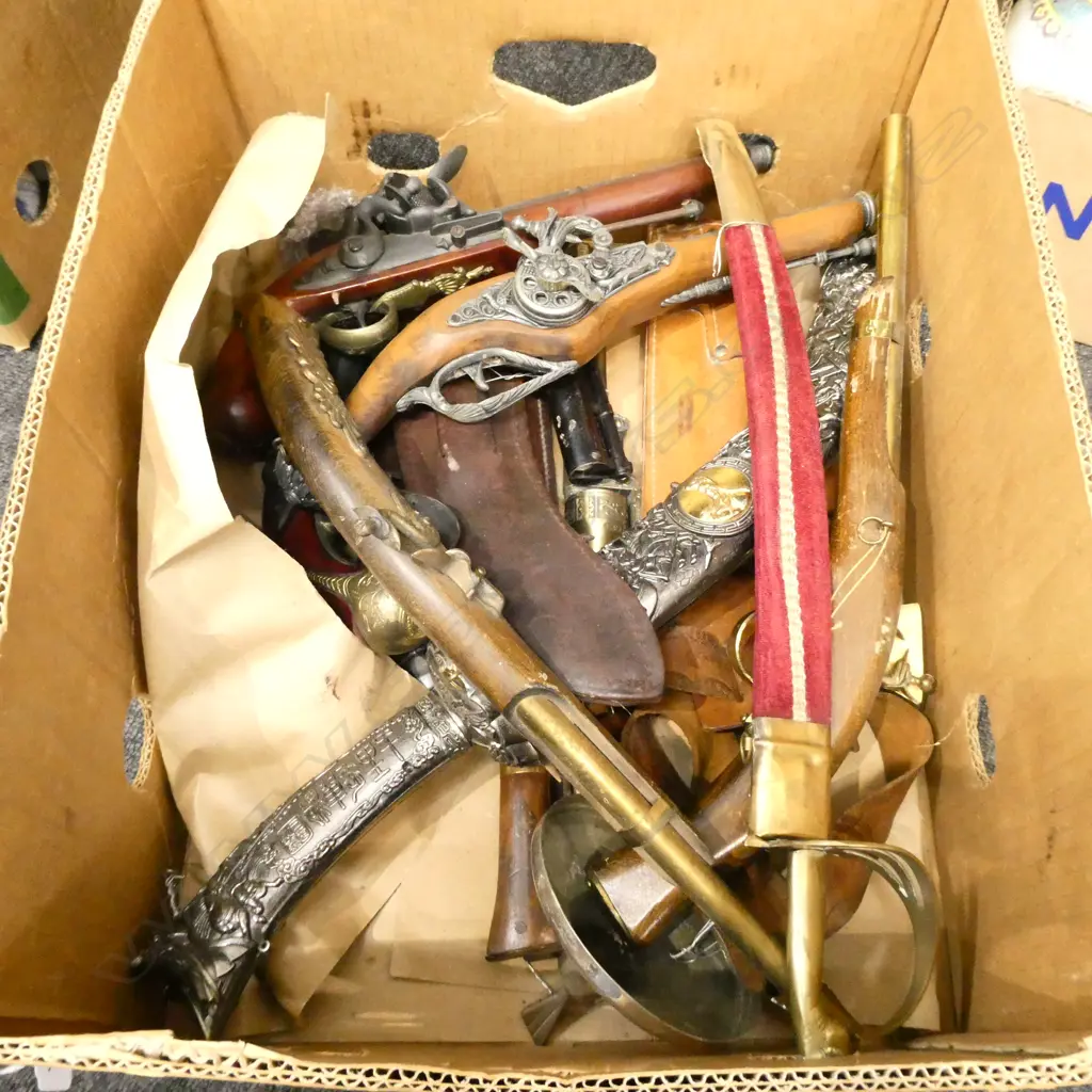 BOX LOT ASST. COSTUME KNIVES & GUNS INCL. WEBLEY AIR PISTOL  Image 1++