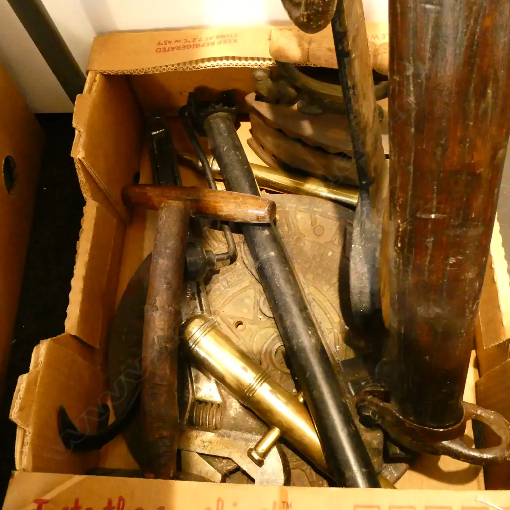 BOX LOT CAST IRON SUNDIAL, IRON, VINTAGE TOOLS ETC Image 1++