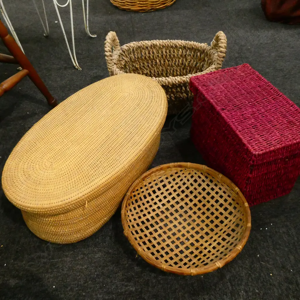 4 WOVEN CONTAINERS; RED, OVAL, DISH & BASKET Image 1++