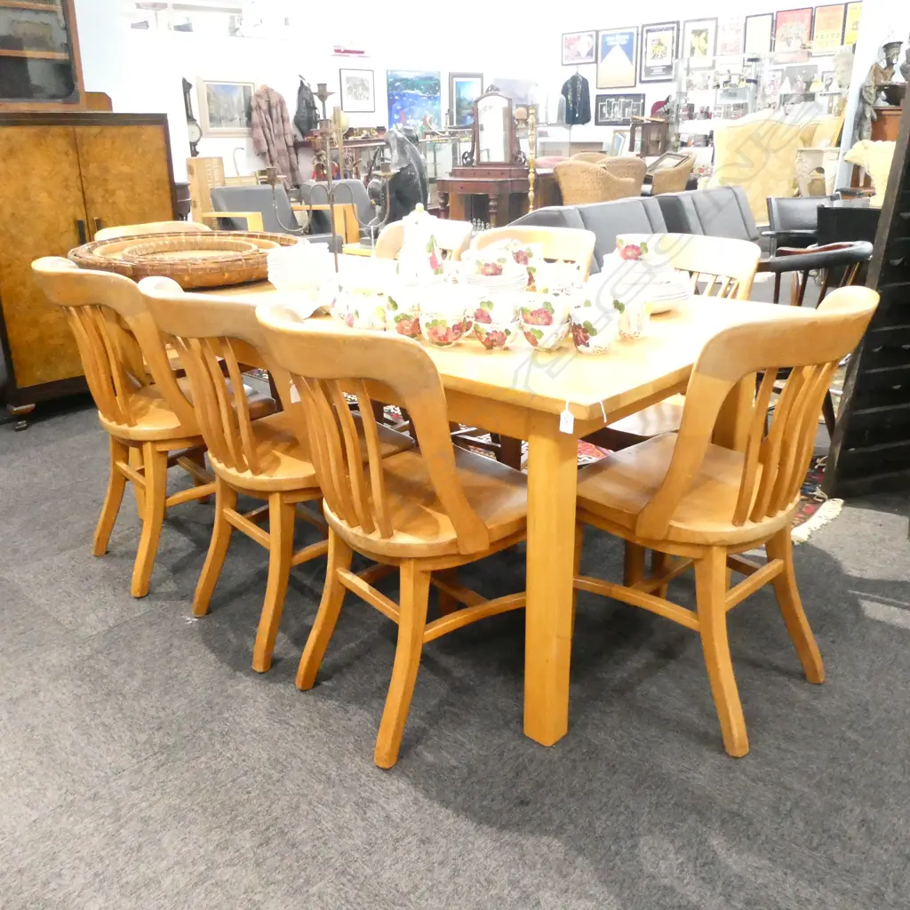 KAURI DINING TABLE 1830 X 900MM AND 8 CHAIRS NOTE: ONE OF THE CHAIRS WITH BROKEN BACK Image 1++