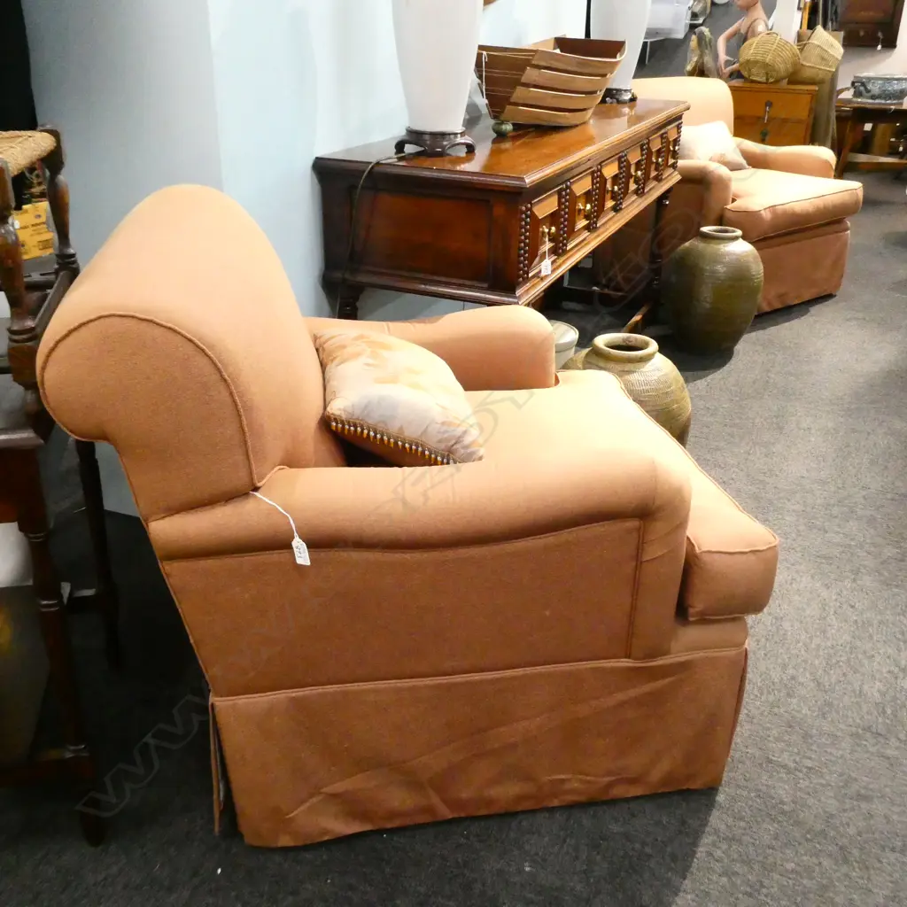 PAIR OF UPHOLSTERED ARMCHAIRS MINOR FAULTS TO FABRIC Image 1++