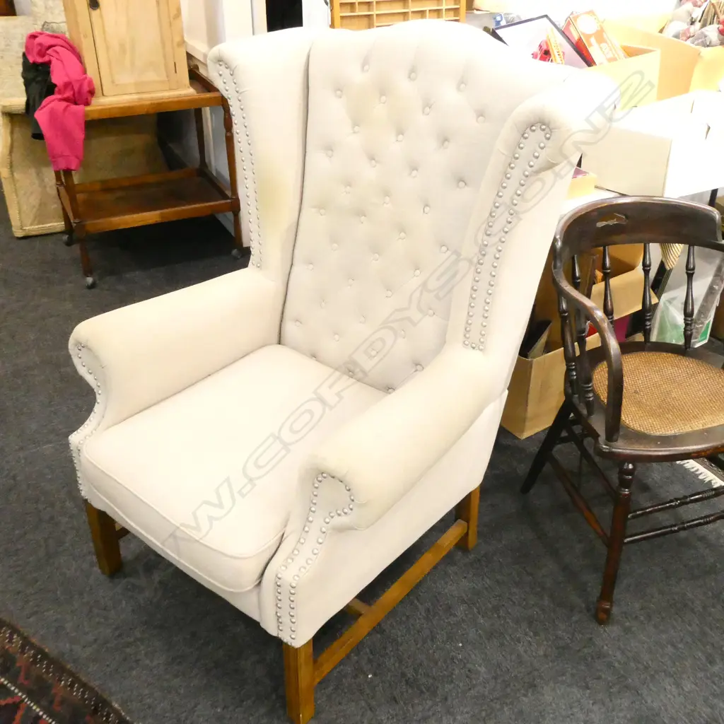 WING BACK BUTTON BACK ARMCHAIR (UPHOLSTERY DIRTY IN PLACES) Image 1++