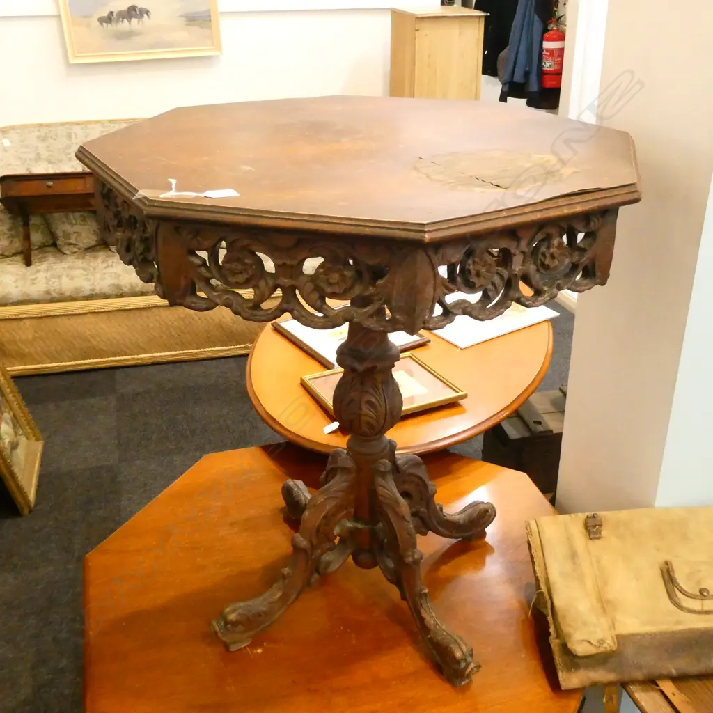 CARVED OCTAGONAL TABLE TOP VANEER BADLY DAMAGE H. 775MM Image 1++