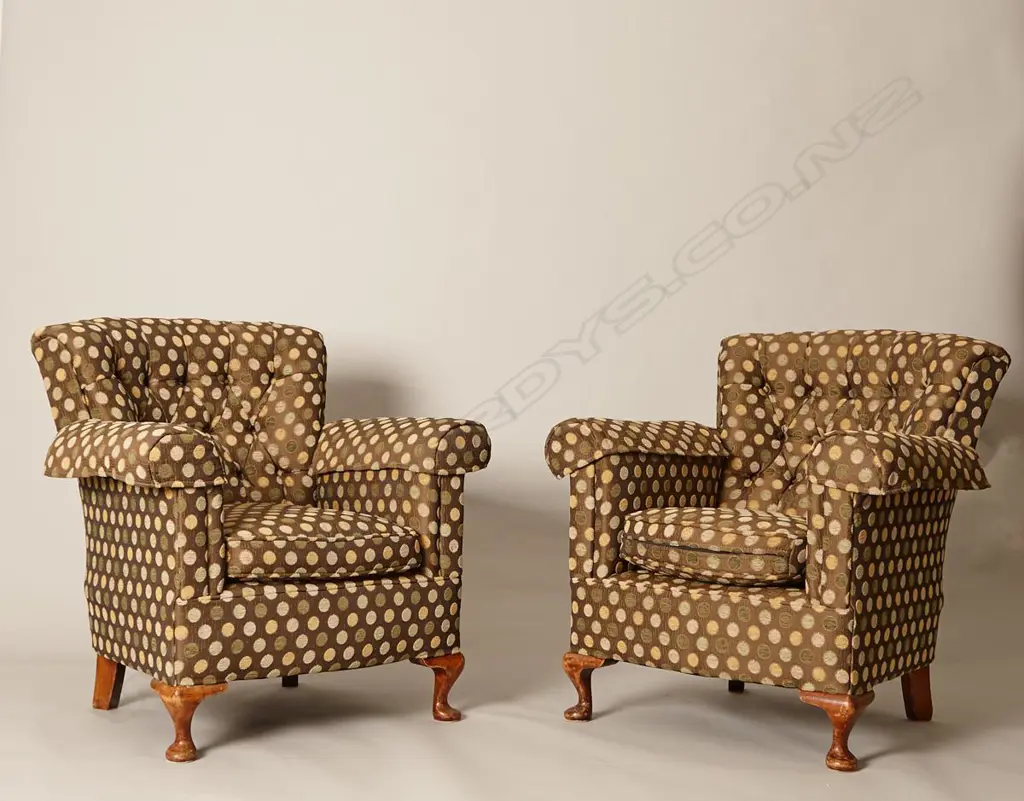 PAIR OF POLKA DOT UPHOLSTED ARMCHAIRS QUEEN ANNE STYLE FEET, SCOLL ARMS. H800 W750 D670mm Image 1++