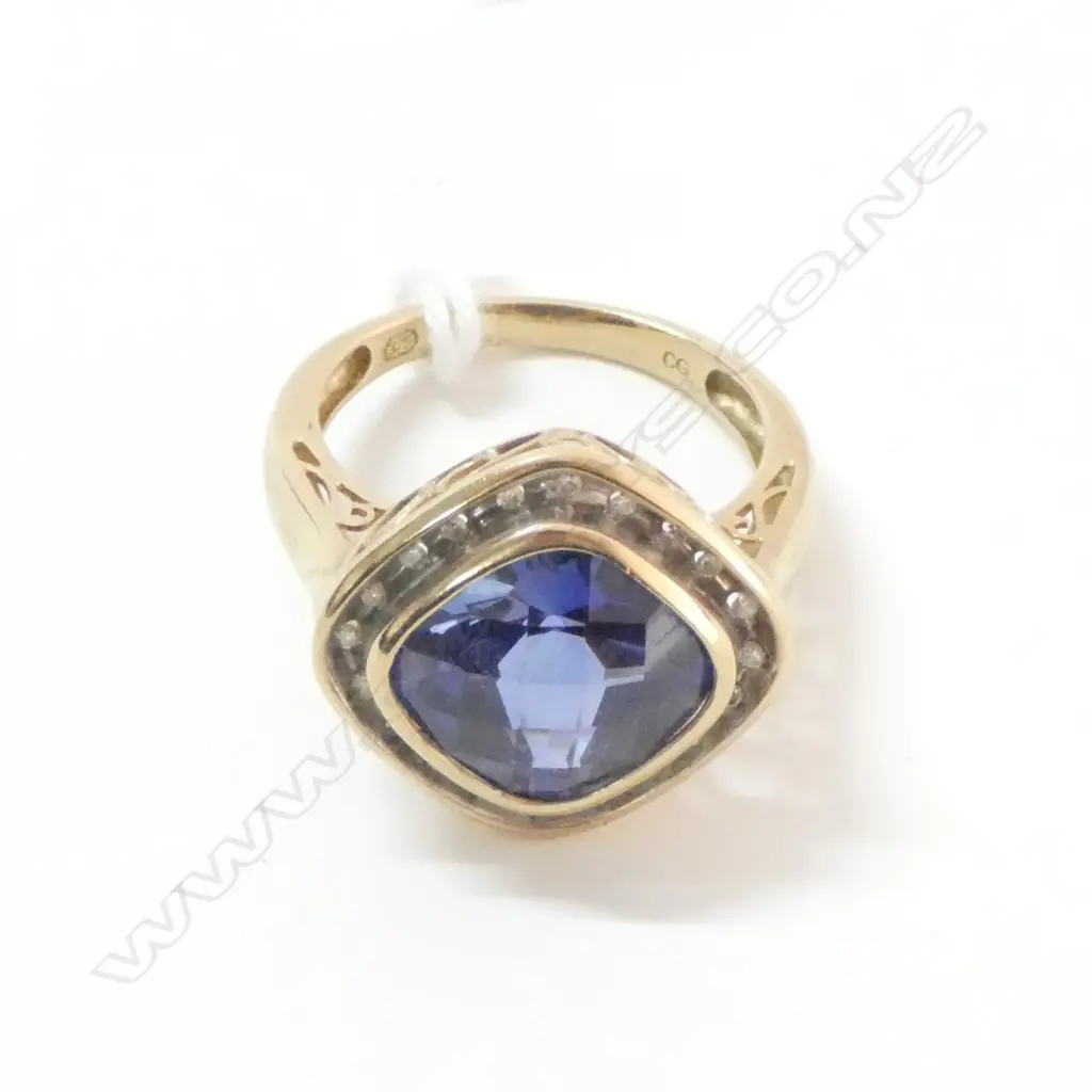 9CT BLUE STONE & DIAMOND RING 5.3 GRAMS Image 1++