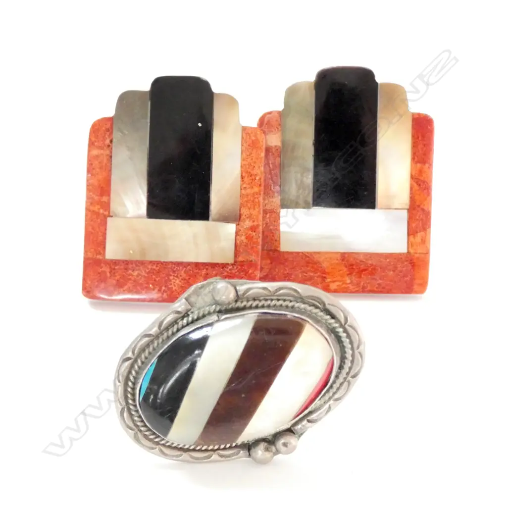 SILVER? AND BANDED MOP RING + PR MOP INLAY CLIP ON EARRINGS Image 1++