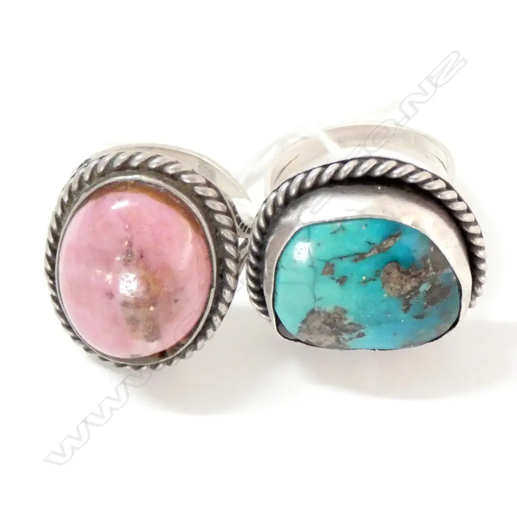 2 SILVER? RINGS; TURQUOISE & PINK STONE Image 1++