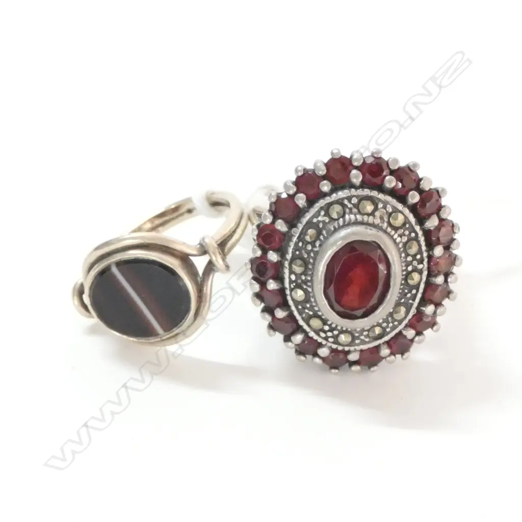 2 RINGS; SILVER & MARCASITE + BANDED AGATE PINKIE  Image 1++